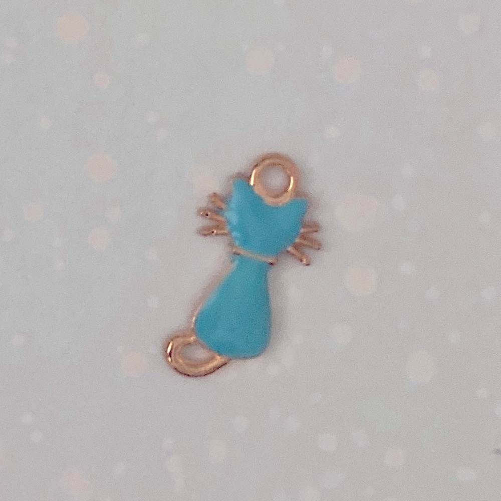 Light Teal Sitting Cat From Behind Enamel Gold Tail Whiskers Collar Metal Charm